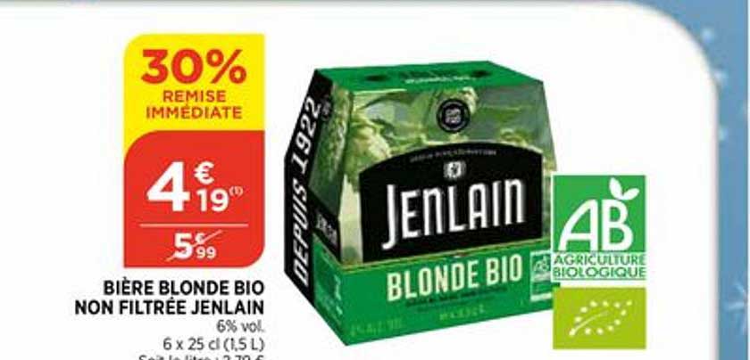 bière blonde bio non filtrée jenlain 30% remise immédiate