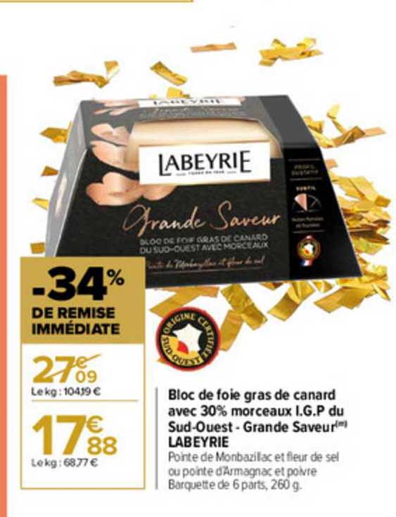 bloc de foie gras de canard avec 30% morceaux i.g.p. du sud-ouest grande saveur labeyrie