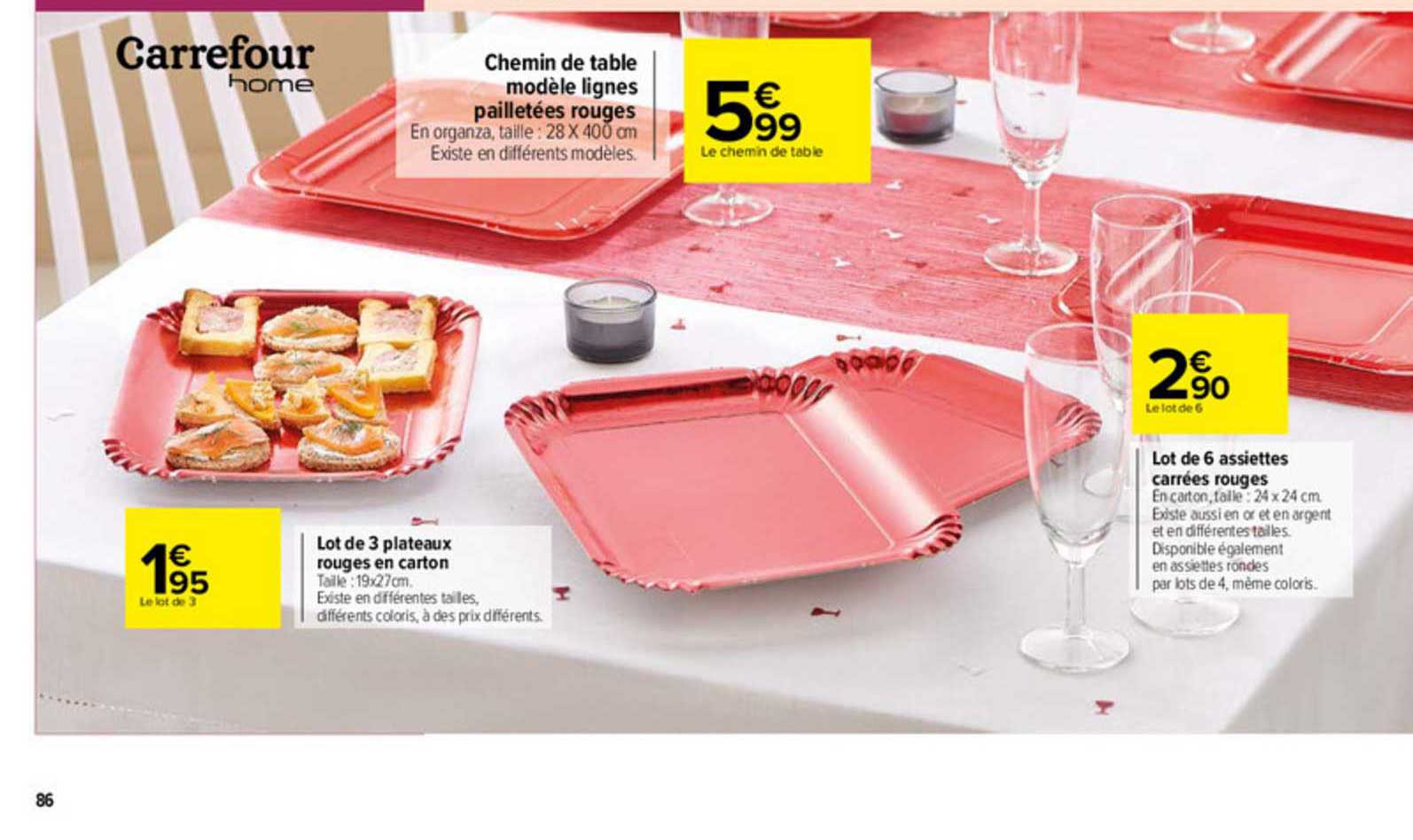 chemin de table modèle lignes pailletées rouges, lot de 3 plateaux rouges en carton, lot de 6 assiettes carrées rouges