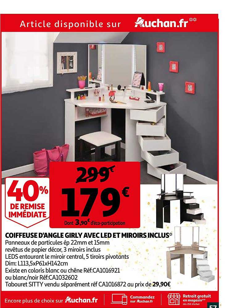 coiffeuse d'angle girly avec led et miroirs inclus