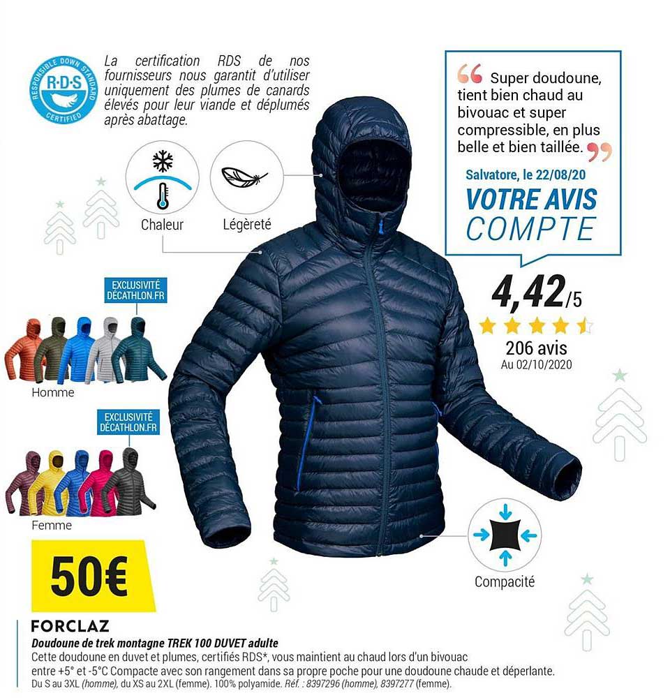 forclaz doudoune de trek montagne trex 100 duvet adulte