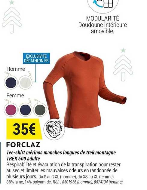 forclaz tee shirt mérinos manches longes de trek montagne trek 500 adulte