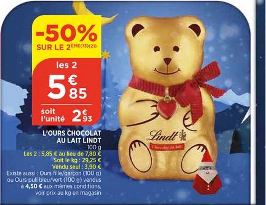 L'ours Chocolat Au Lait Lindt -50% Sur Le 2ème