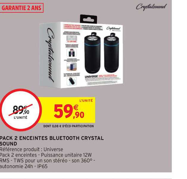 pack 2 enceintes bluetooth crystal sound