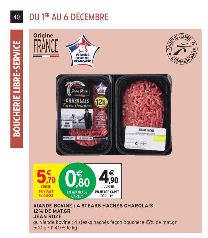 viande bovine : 4 steaks hachés charolais 12% de mat. gr jean rozé
