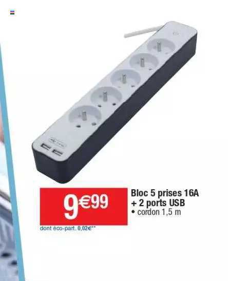 bloc 5 prises 16a + 2 ports usb