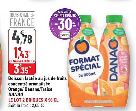 boisson lactée au jus de fruits concentré aromatisée orange - banane - fraise danao