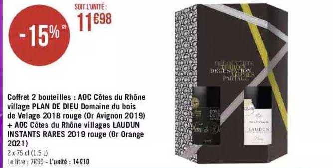 coffret 2 bouteilles : aoc cotes du rhône village plan de dieu domaine du bois de velage 2018 rouge (or avignon 2019) + aoc côtes du rhône villages laudun instants rares 2019 rouge (or orange 2021)