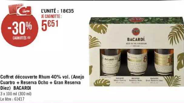 coffret découverte rhum 40% vol. (anejo cuartro + reserva ocho + gran reserva diez) bacardi