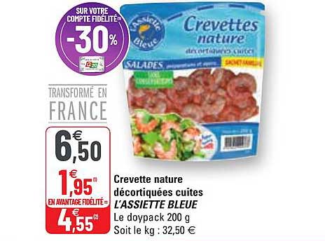 crevette nature décortiquées cuites l'assiette bleue