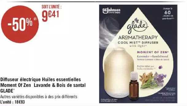 diffuseur électrique huiles essentielles moment of zen lavande & bois de santal glade