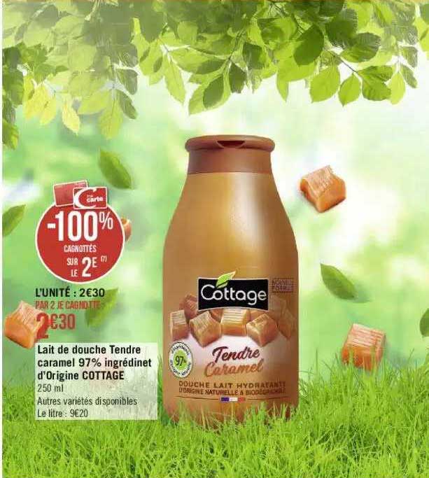 lait de douche tendre caramel 97% ingrédient d'origine cottage