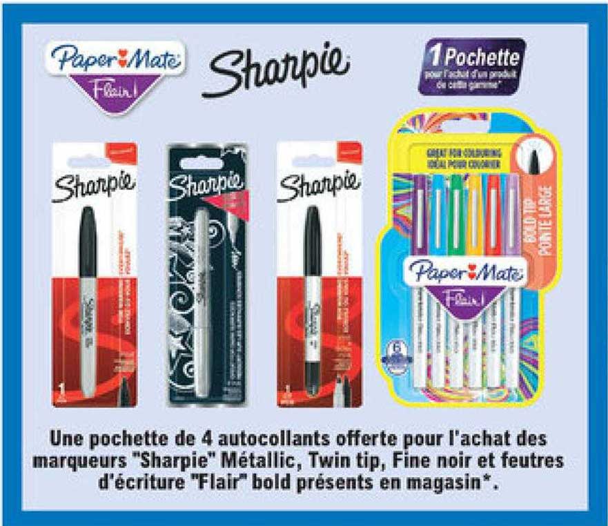 marqueurs "sharpie" métallic, twin tip, fine noir et feutres d'écriture "flair" bold