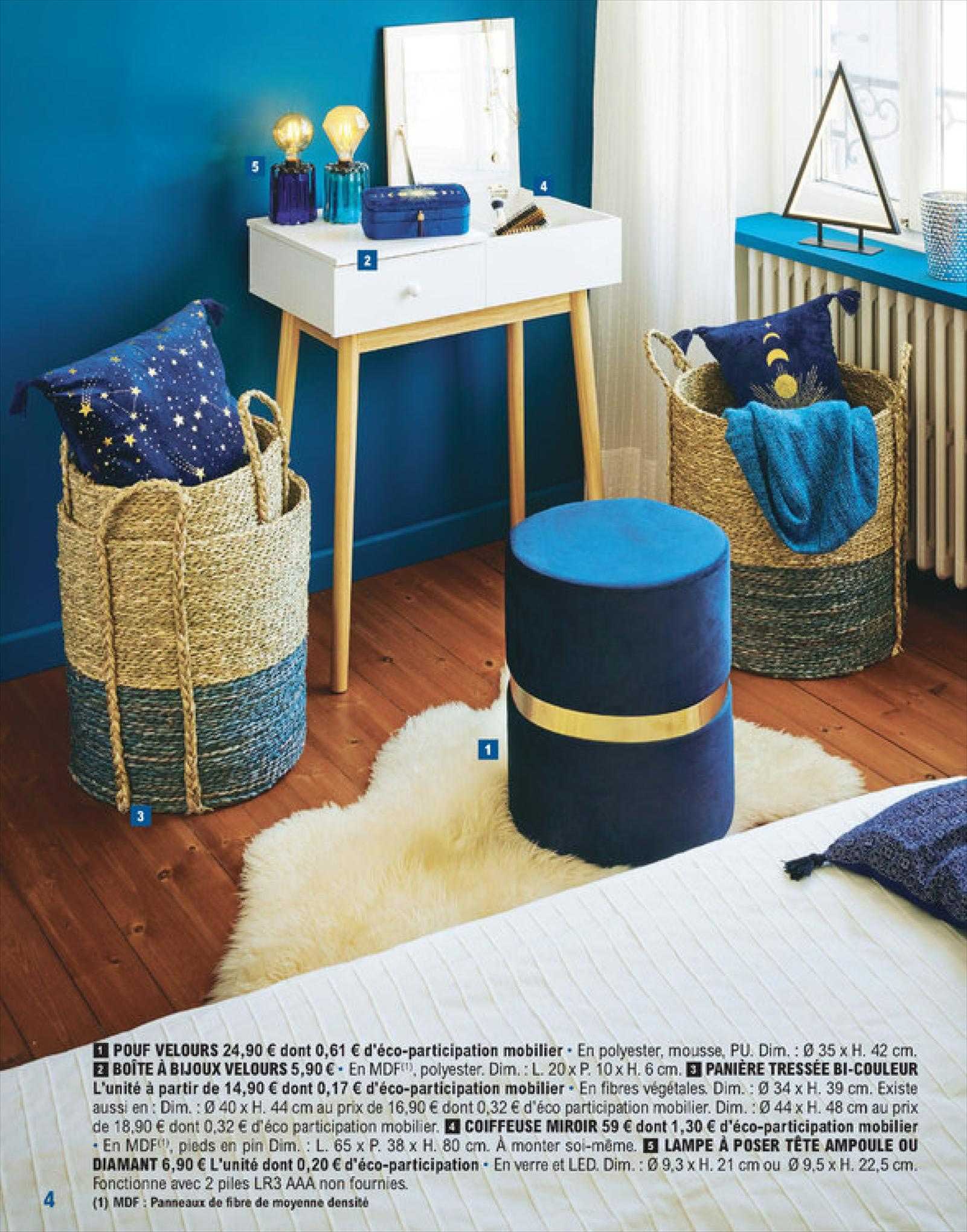 pouf velours, boîte à bijoux velours, panière tressée bi-couleur, coiffeuse miroir, lampe à poser tête ampoule ou diamant