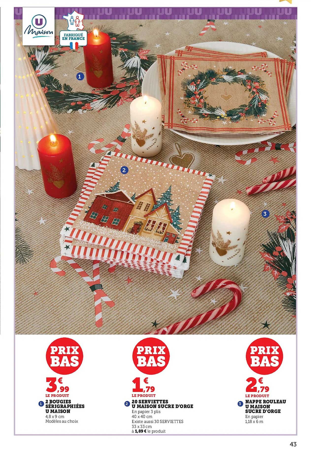 2 Bougies Sérigraphiées U Maison, 20 Serviettes U Maison Sucre D'orge, Nappe Rouleau U Maison Sucre D'orge