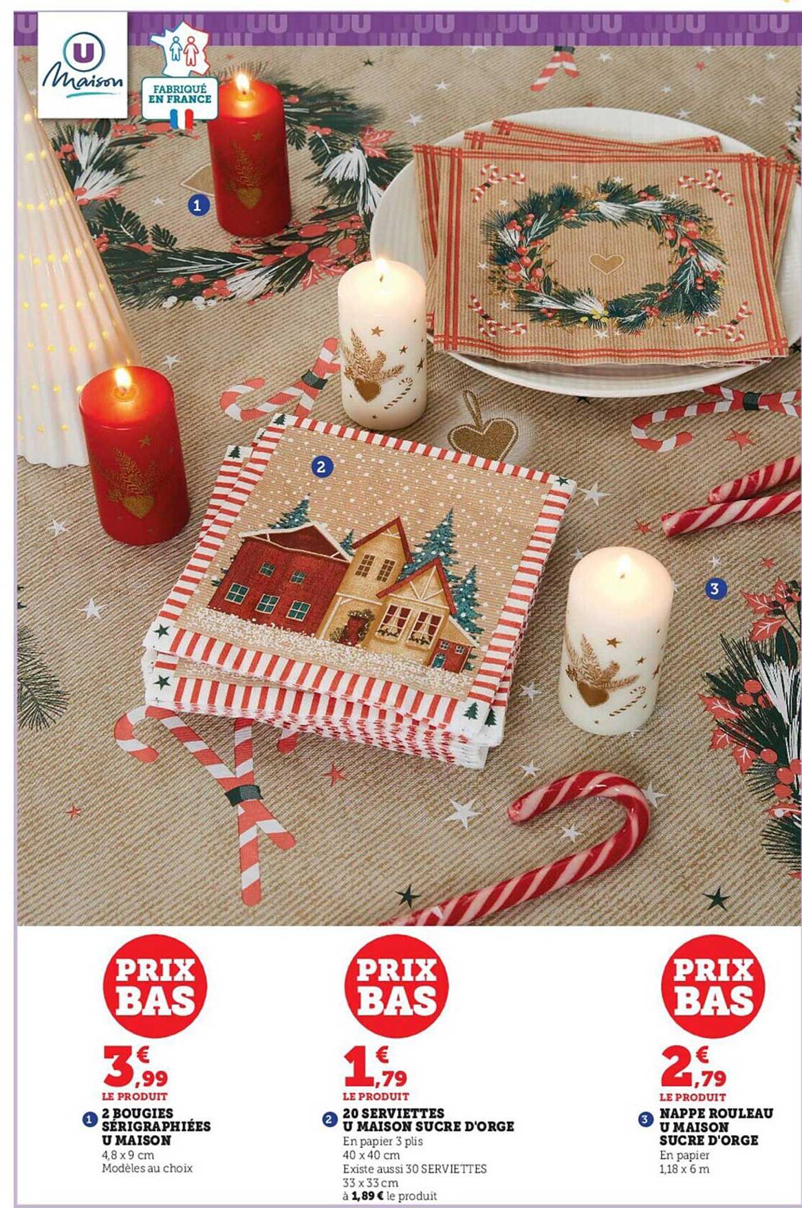 2 bougies sérigraphiées u maison, 20 serviettes u maison sucre d'orge, nappe rouleau u maison sucre d'orge