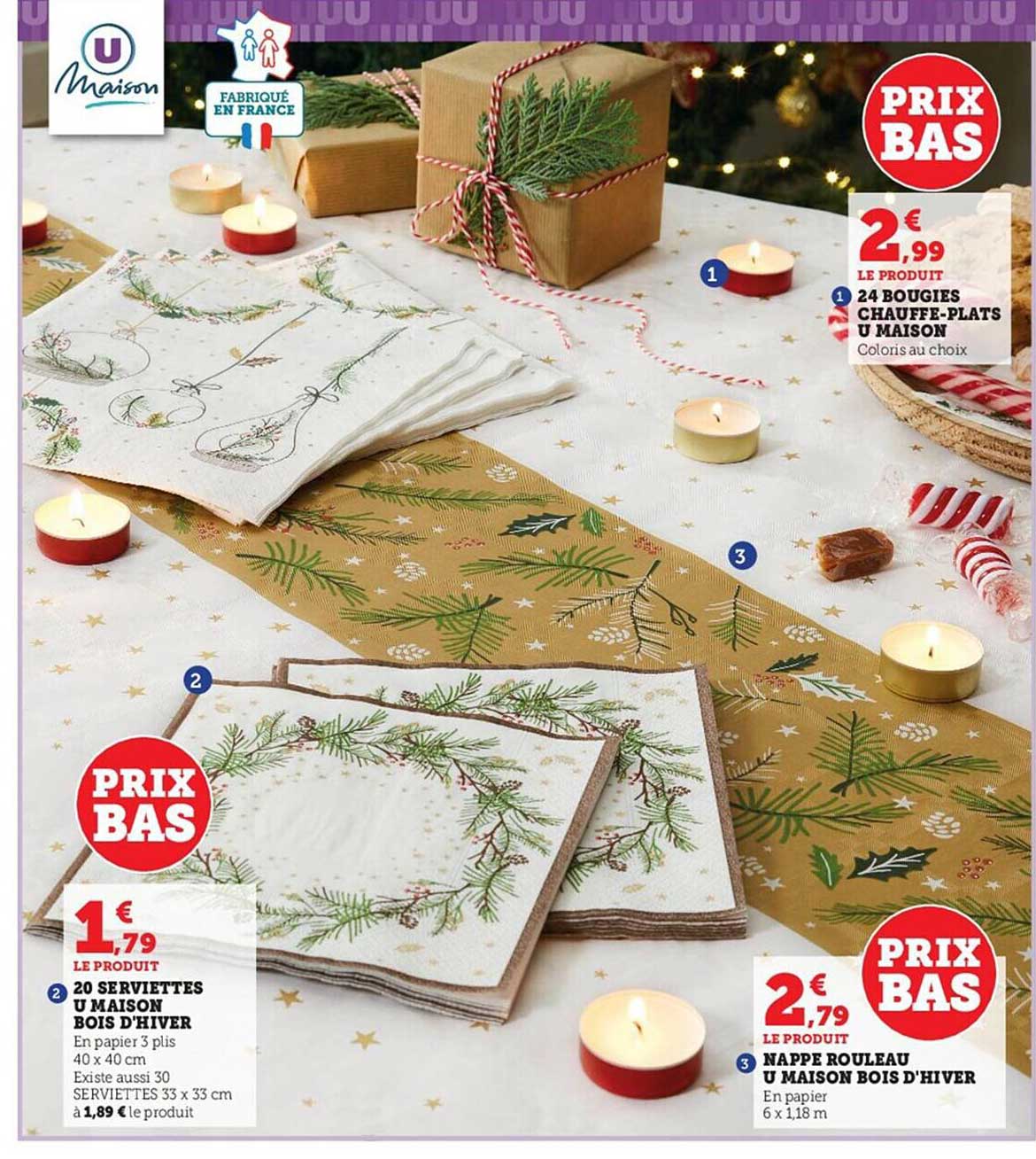 20 serviettes u maison bois d'hiver, nappe rouleau u maison bois d'hiver, 24 bougies chauffe-plats u maison