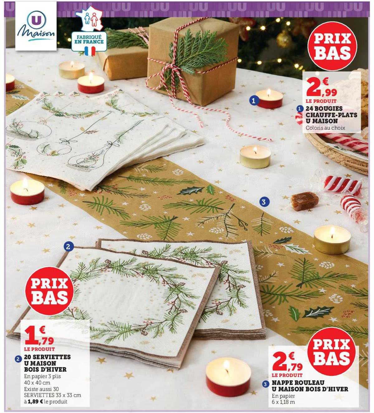 24 bougies chauffe-plats u maison, nappe rouleau u maison bois d'hiver, 20 serviettes u maison bois d'hiver