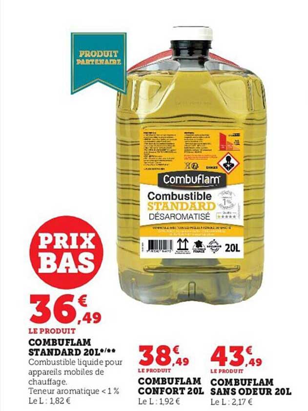 combuflam standard 20l, combuflam confort 20l, combuflam sans odeur 20l