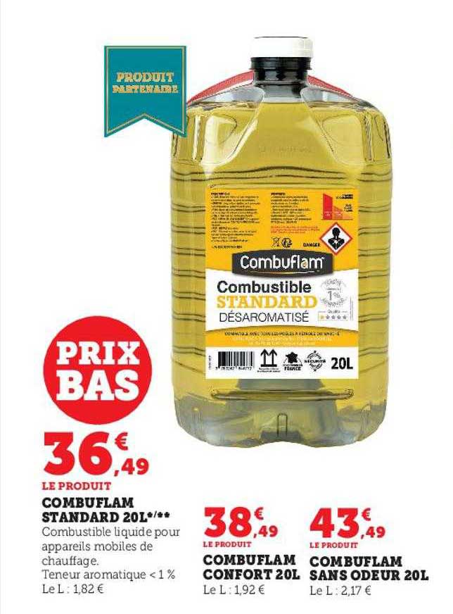 combuflam standard 20l, combuflam confort 20l, combuflam sans odeur 20l