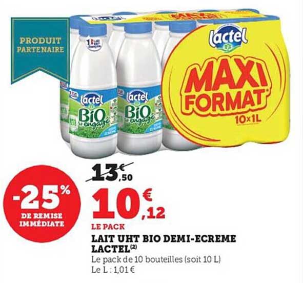 lait uht bio demi-écrémé lactel