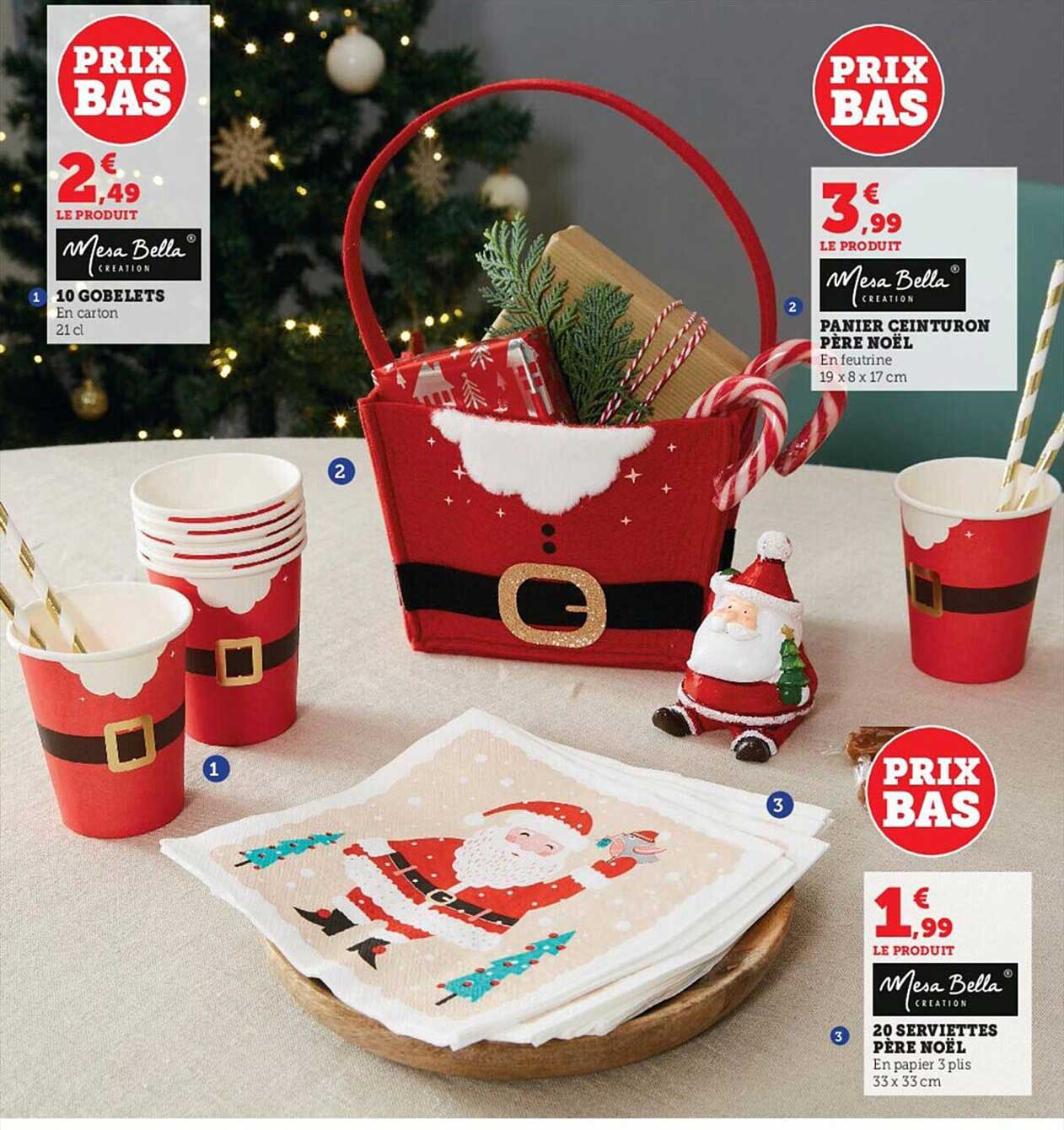 10 gobelets mesa bella, panier ceinturon père noël mesa bella, 20 serviettes père noël mesa bella