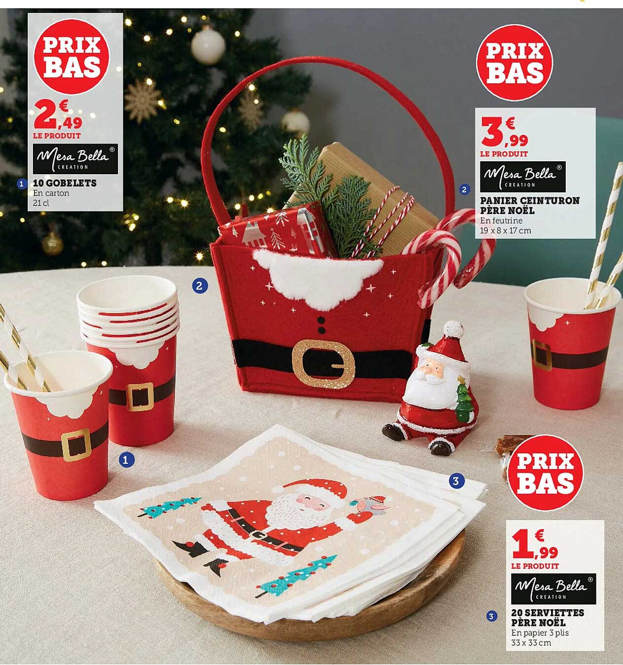 10 gobelets mesa bella, panier ceinturon père noël mesa bella, 20 serviettes père noël mesa bella