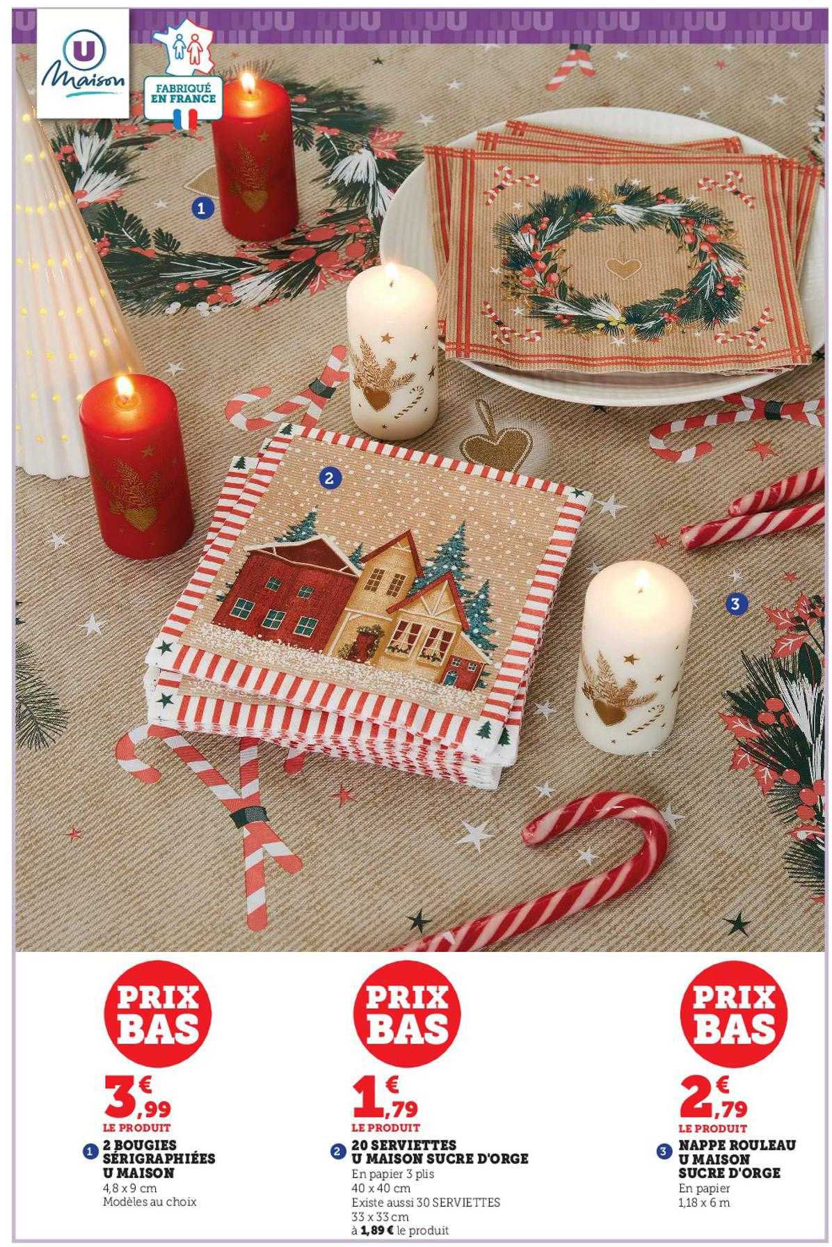 2 bougies sériegraphiées u maison, 20 serviettes u maison sucre d'orge, nappe rouleau u maison sucre d'orge