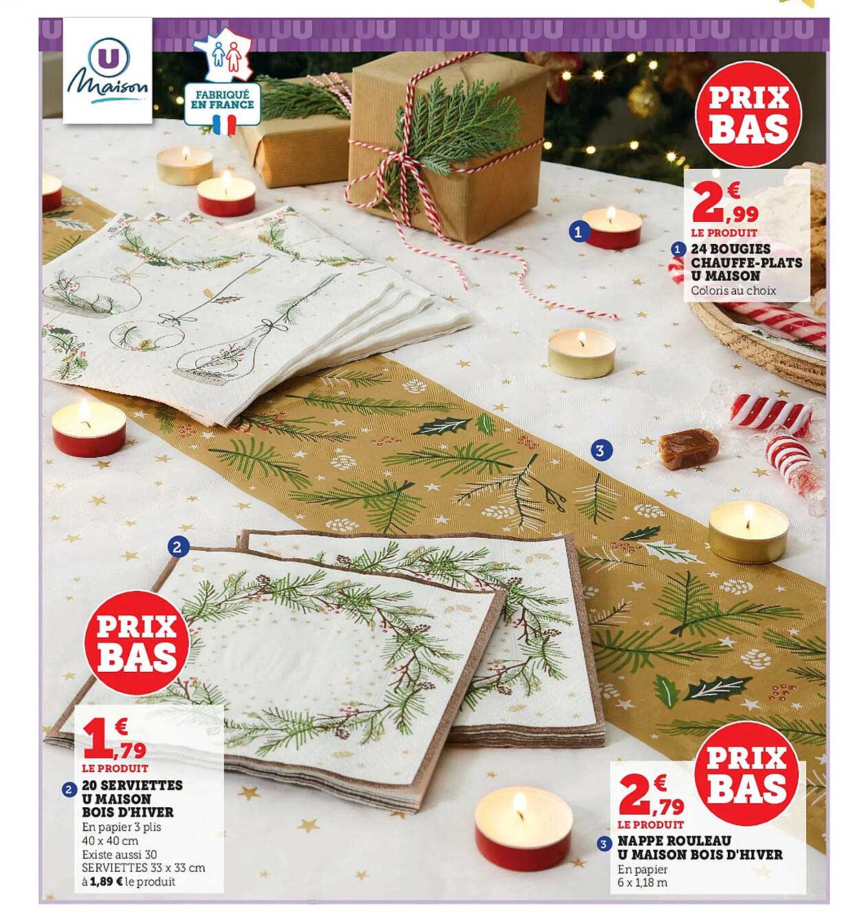 24 bougies chauffe-plats u maison, 20 serviettes u maison bois d'hiver, nappe rouleau u maison bois d'hiver