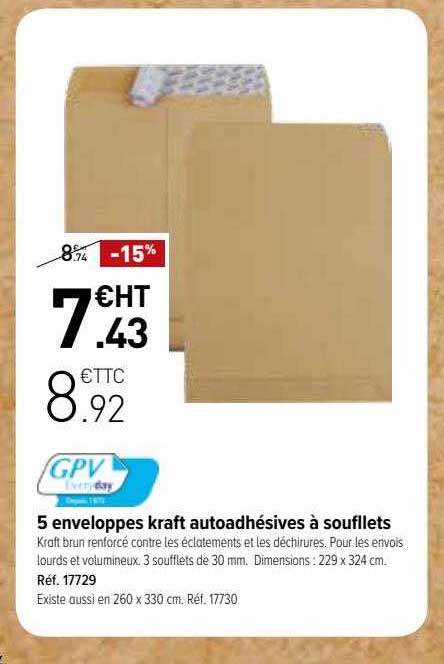 5 enveloppes kraft autoadhésives à soufflets