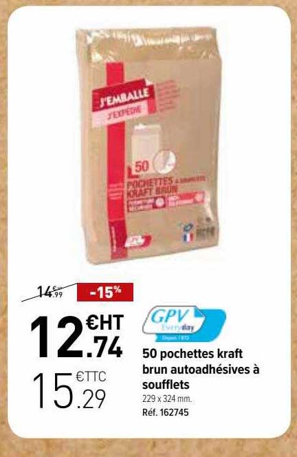 50 pochettes kraft brun autoadhésives à soufflets