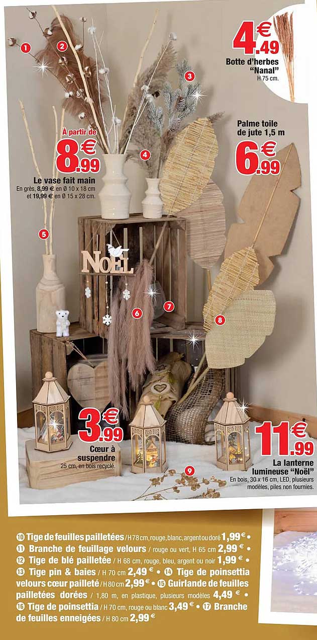 botte d'herbes "nanal", le vase fait main, palme toile de jute 1,5 m, cœur  à suspendre, la lanterne lumineuse "noël"