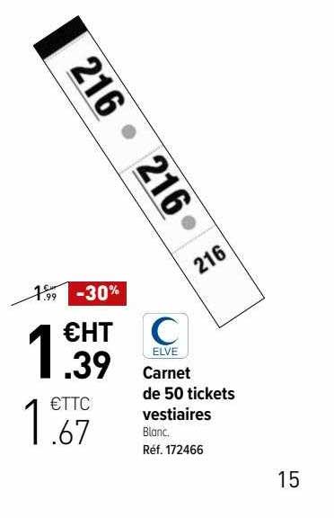 carnet de 50 tickets vestiaires elve