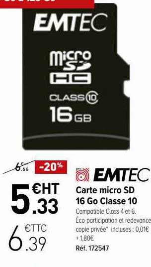 Carte Micro Sd 16 Go Classe 10 Emtec