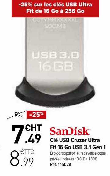 clé usb cruzer ultra fit 16 go usb 3.1 gen 1 sandisk