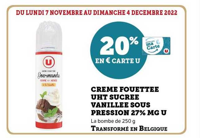 Crème Fouettée Uht Sucrée Vanillée Sous Pression 27% Mg U