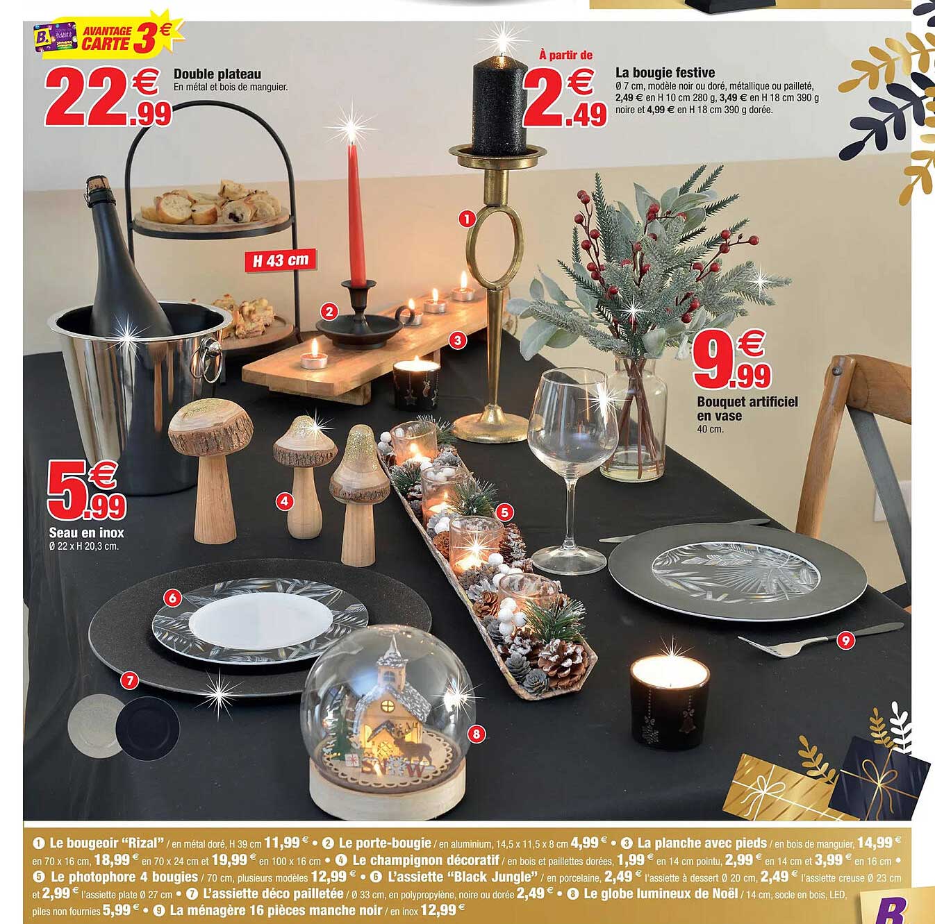 double plateau, seau en inox, la bougie festive, bouquet artificiel en vase