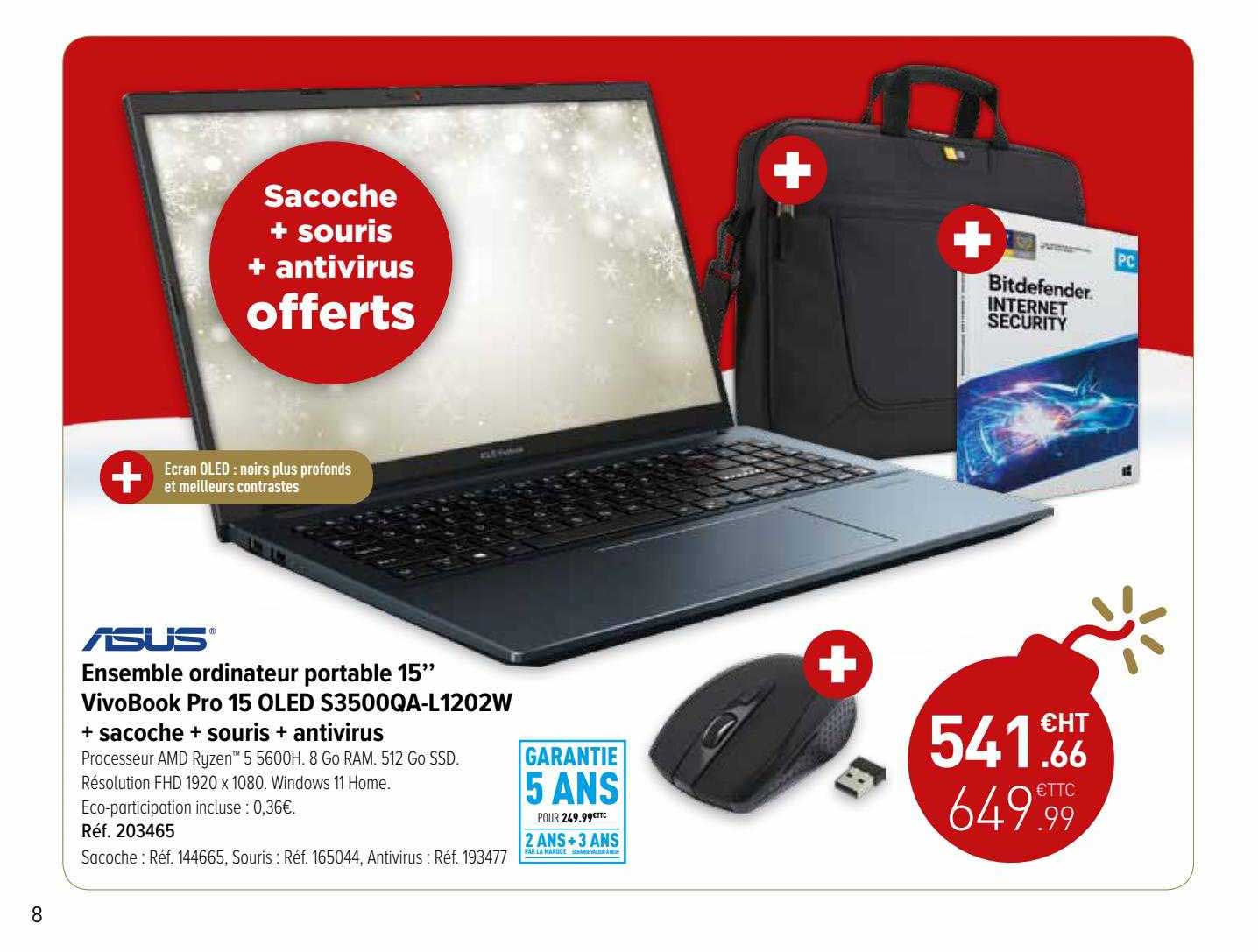 ensemble ordinateur portable 15" vivobook pro 15 oled s3500qa-l1202w + sacoche + souris + antivirus asus