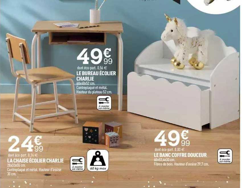 la chaise écolier charlie, le bureaux écolier charlie, le banc coffre douceur