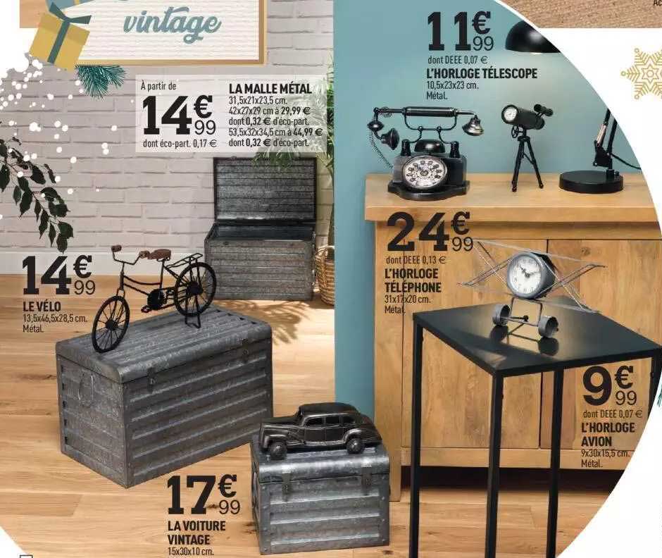 la malle métal, le vélo, la voiture vintage, l'horloge téléphone, l'horloge télescope, l'horloge avion