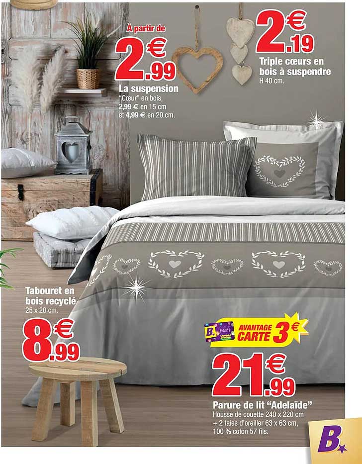 la suspension, triple cœurs en bois à suspendre, tabouret en bois recyclé, parure de lit "adelaïde"