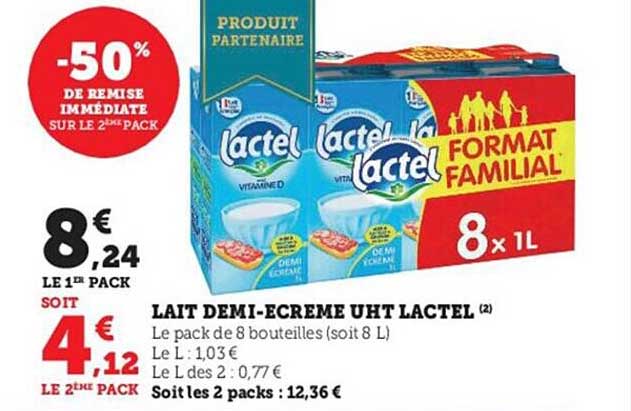 lait demi-écrémé uht lactel