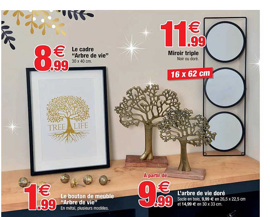 le cadre "arbre de vie", miroir triple, le bouton de meuble "arbre de vie", l'arbre de vie doré
