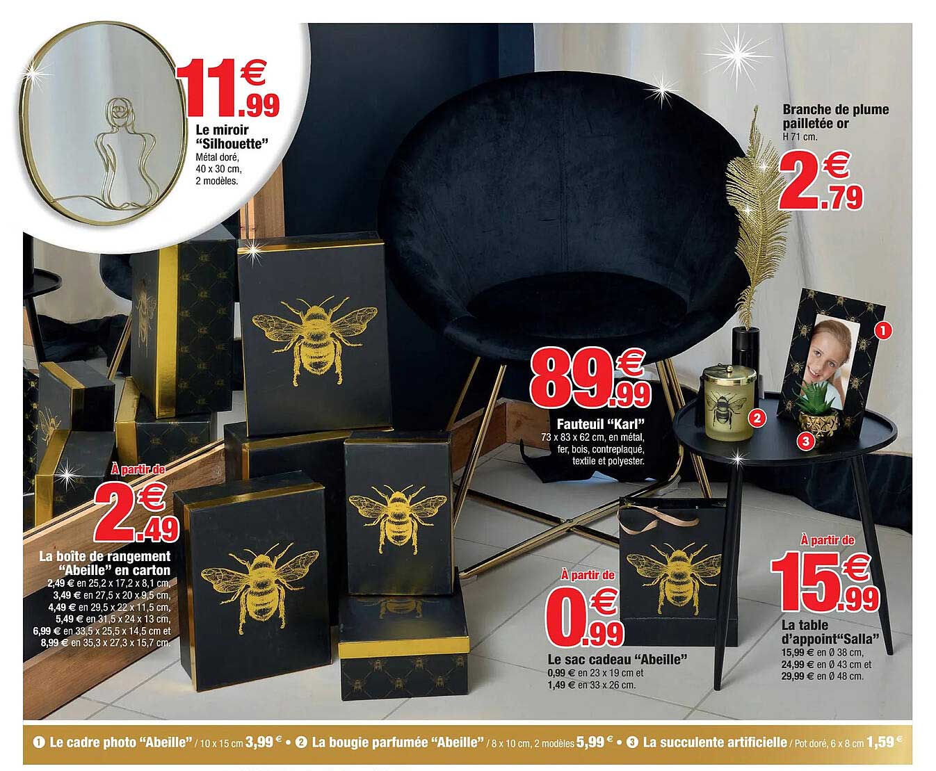 le miroir "silhouette", la boîte de rangement "abeille" en carton, fauteuil "kari", branche de plume pailletée or, le sac cadeau "abeille", la table d'appoint "salla"'