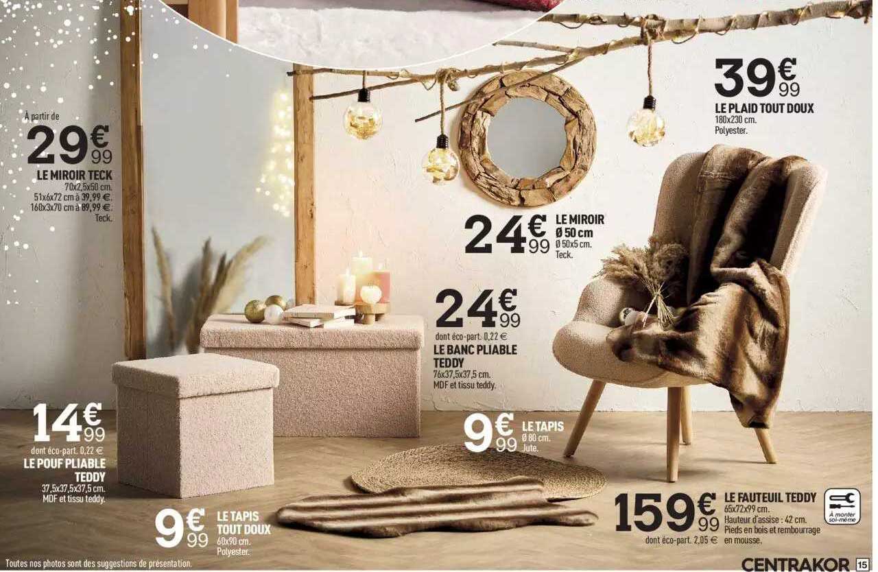 le miroir teck, le pouf pliable teddy, le tapis tout doux, le tapis, le banc pliable teddy, le miroir ø 50 cm, le plaid tout doux, le fauteuil teddy