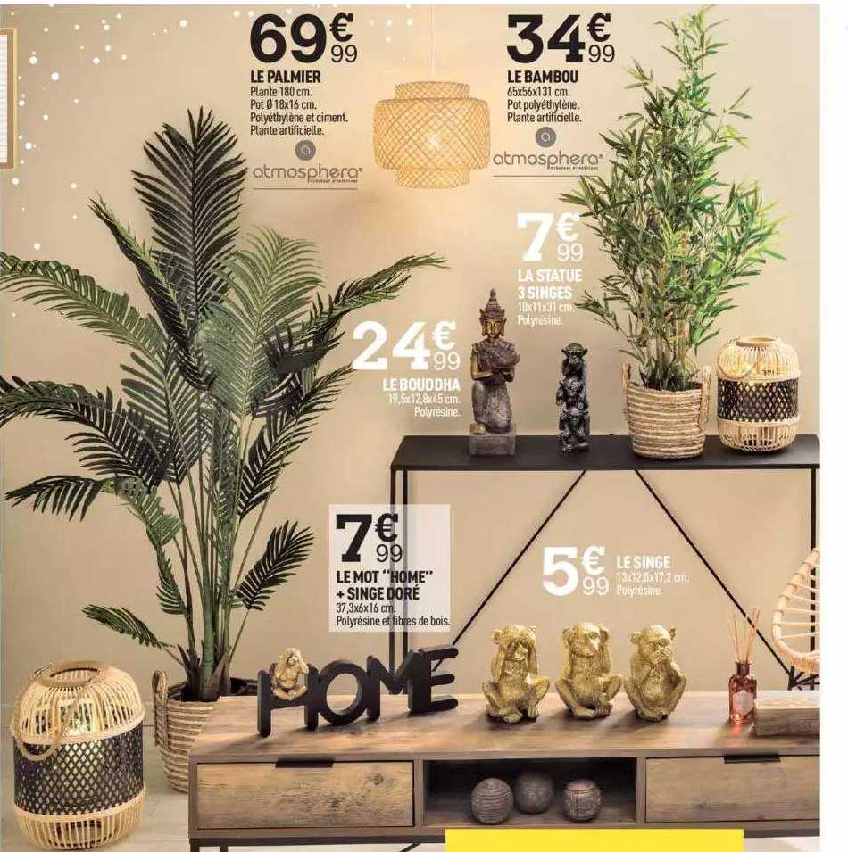 le palmier, le bambou, le mot "home" + singe doré, le bouddha, la statue 3 singes, le singe