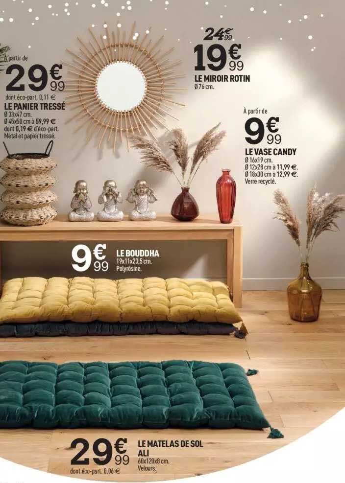 le panier tressé, le matelas de sol ali, le miroir rotin, le vase candy