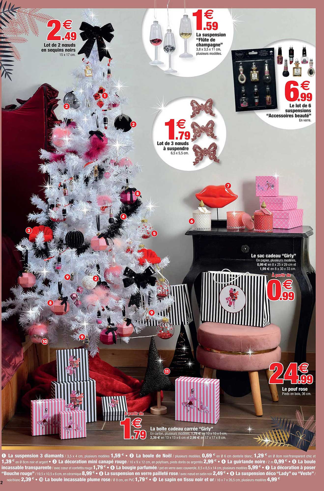 lot de 2 nœuds en sequins noirs, la suspension "flûte de champagne", le lot de 6 suspensions "accessoires beauté", lot de 3 nœuds à suspendre, le sac cadeau "girly", la boîte cadeau carrée "girly"