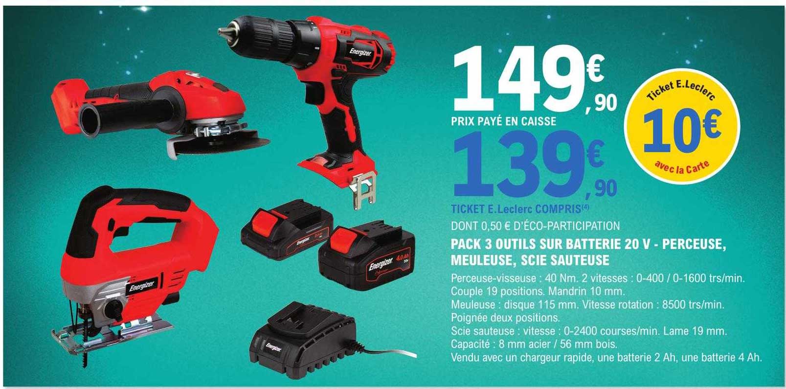 Pack 3 Outils Sur Batterie 20v - Perceuse, Meuleuse, Scie Sauteuse Energizer