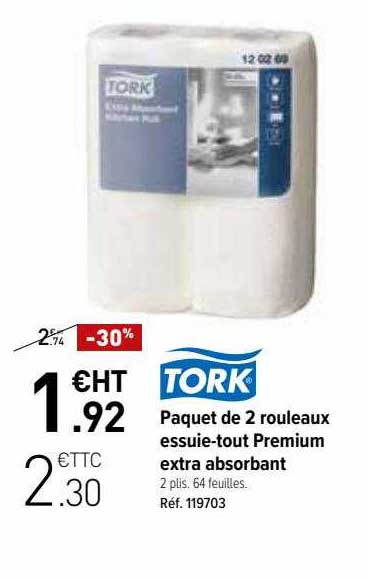 paquet de 2 rouleaux essuie-tout premium extra absorbant tork